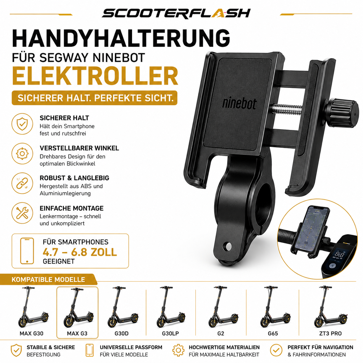 Handyhalterung für Ninebot MAX G3 / G30 / G2 / G65 / ZT3 Pro – Smartphone Halterung